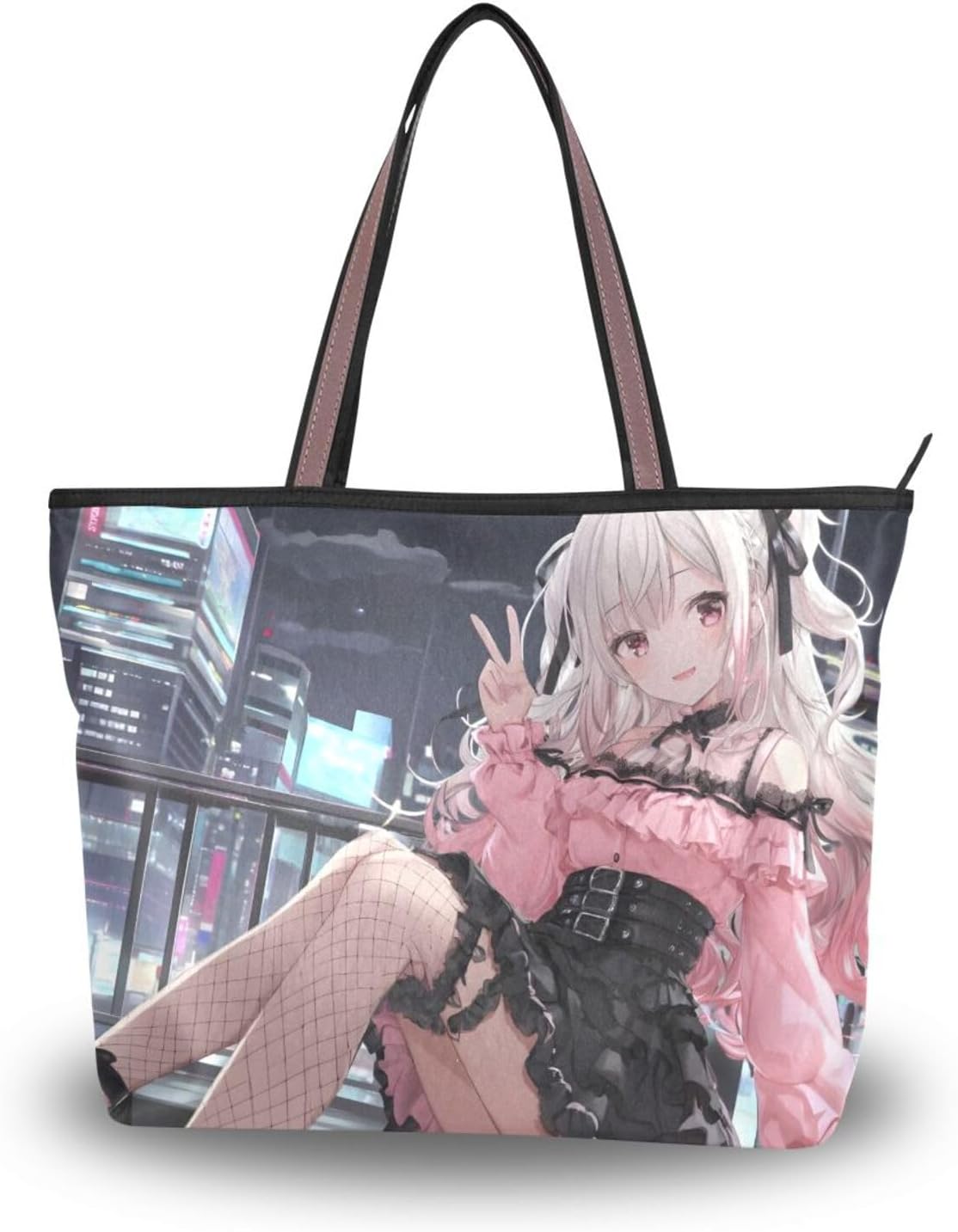 Anime Woman City Tote Bag for Women, Lightweight Shoulder Bag Handbag with Zipper for Travel L
