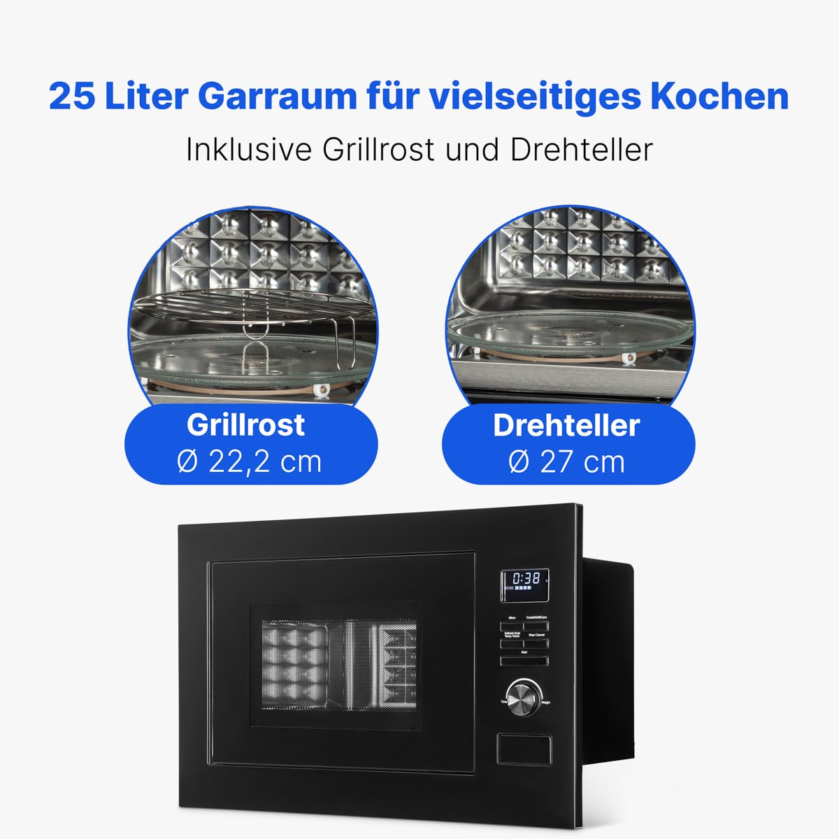 Bomann® Micro-ondes encastrable 3en1, Gril + Air chaud, Espace de cuisson 25L, 8 programmes automatiques, Gril + Plateau tournant(Ø 27 cm), 900W, MWG 3001 H EB noir-mat
