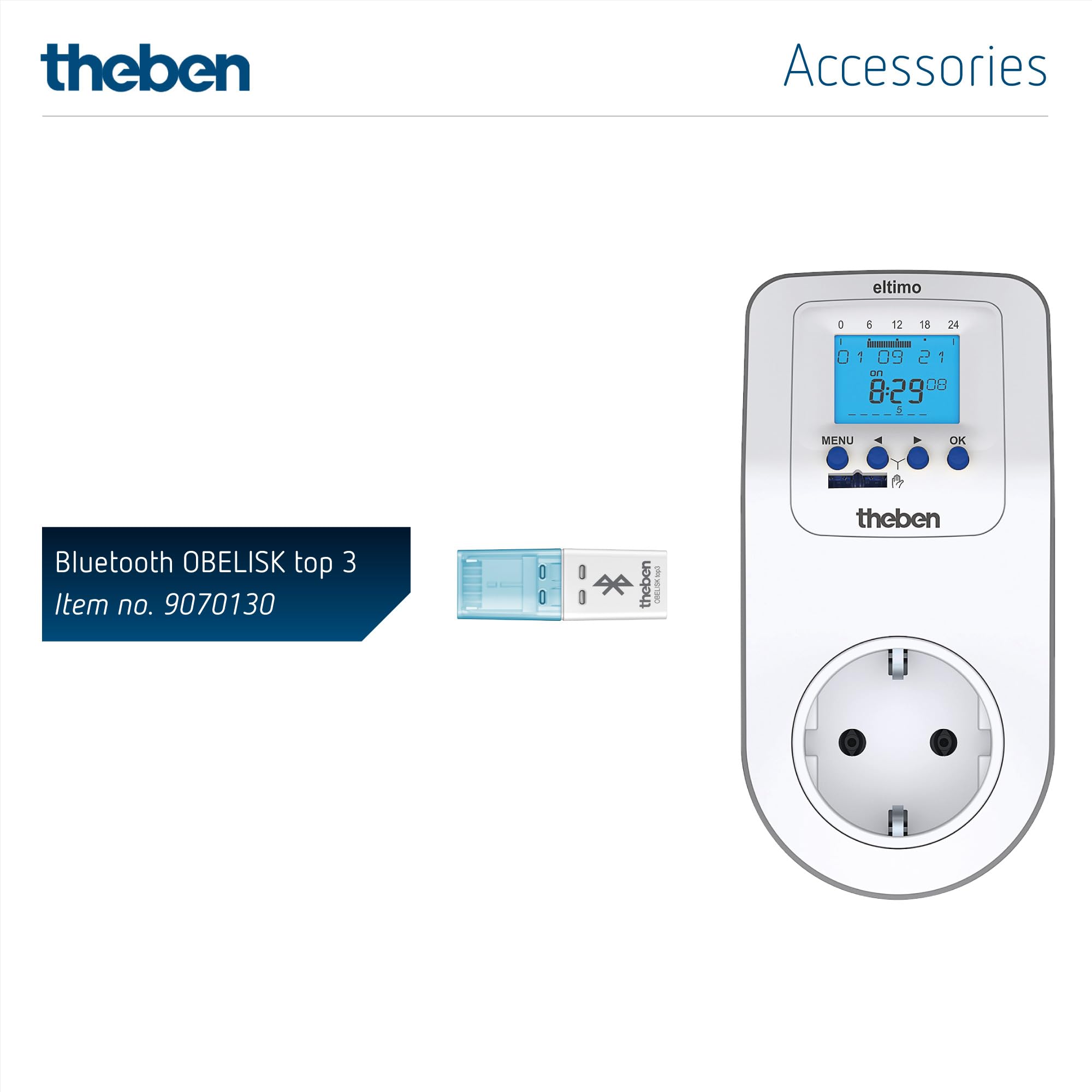Theben 0200130 Eltimo 020 top3 cyfrowy zegar sterujący z gniazdkiem elektrycznym z programem tygodniowym, programator czasowy, opcjonalne programowanie przez Bluetooth