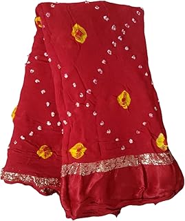 1Stop Fashion Women's Banarasi Pure Georgette Hand Bandhej Saree with Satin Patta and Zari Border and Blouse Piece
