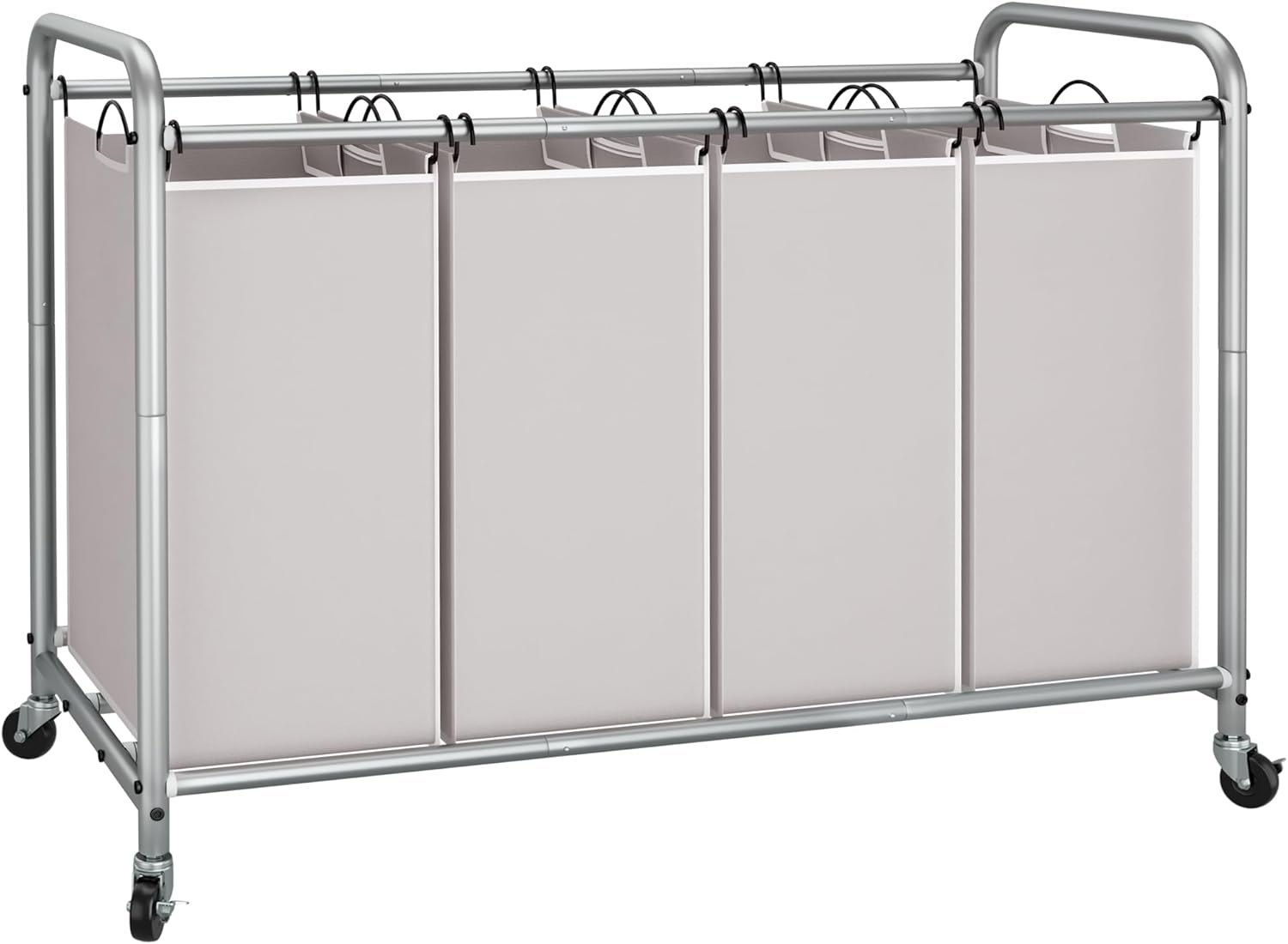 STORAGEMANIAC 4-Compartment Laundry Sorter with Wheels, 180L (47.5 Gal) Hamper, Removable Waterproof Bags, Rust-Resistant Frame - Gray