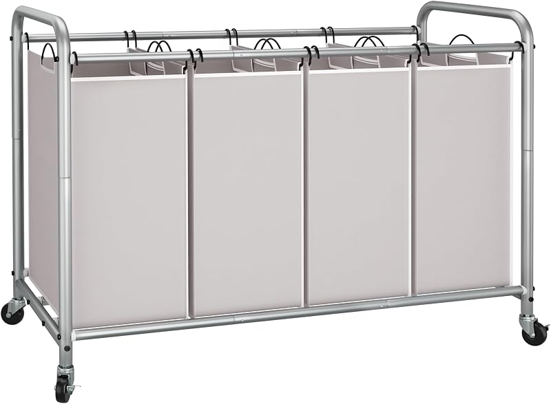 STORAGE MANIAC Laundry Sorter 4 Section, 47.5 Gal (180 L) Laundry Hamper with Wheels, Clothes Divider Basket Sorter, Separator Hamper Cart with Removable Bags, Gray
