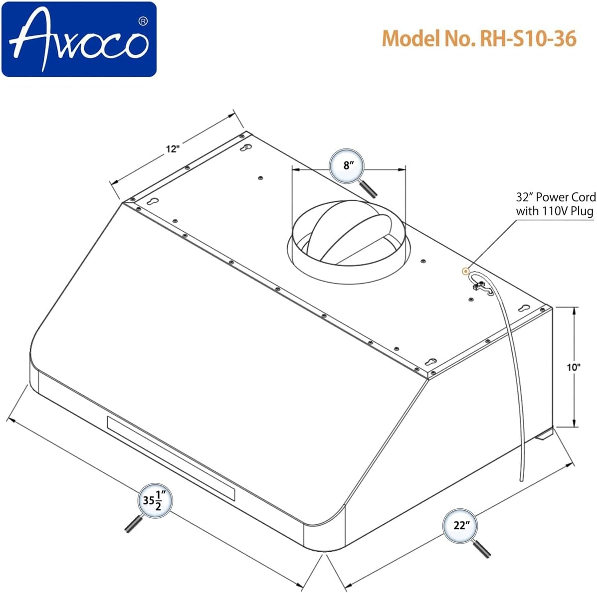 Dimensional drawing of Awoco RH-S10-36 Range Hood (35.5