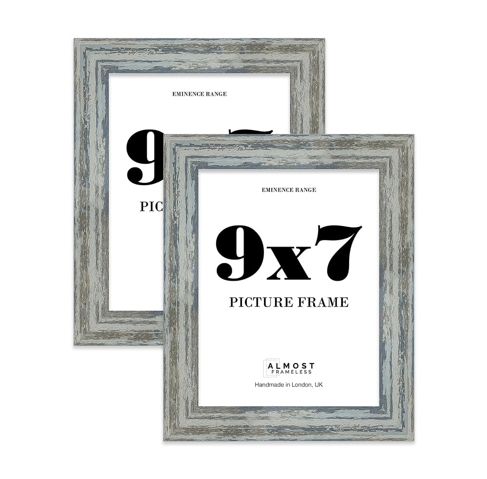 9x7" Distressed Blue Picture Frame - Rustic Wood Industrial Effect Photo Frame for Wall Display, Ideal for Posters, Prints & Home Décor, Wall Hooks and Kickstand, 32mm Edge - 2 Pack
