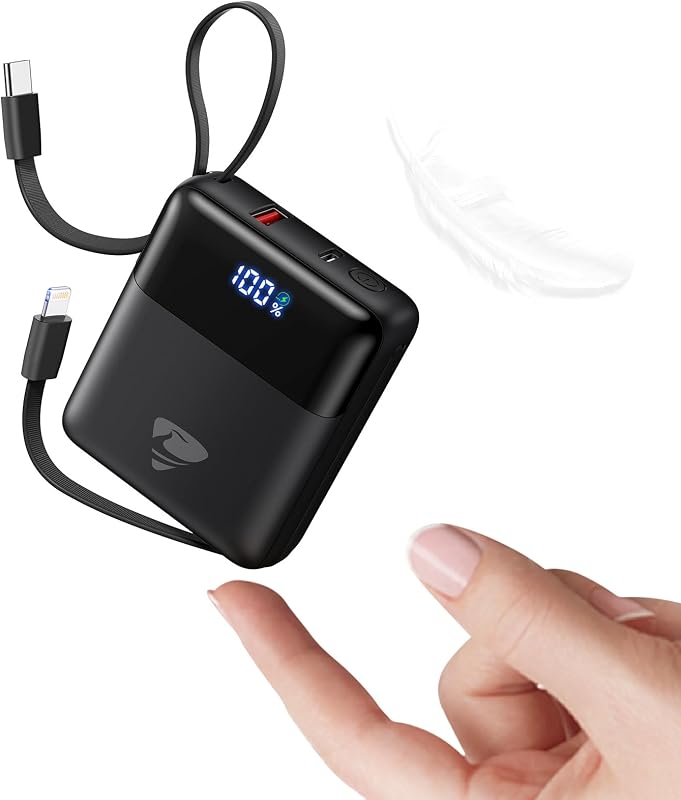 Cargador portátil de 10000 mAh de carga rápida, batería USB C de 22,5 W con cables integrados, cargador portátil pequeño Travel Essentials Power Bank para iPhone 17 16 15 14, Samsung, iPad, Android