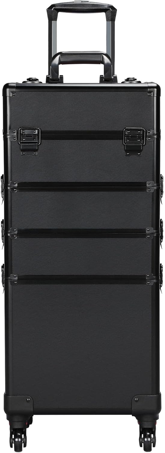 Topeakmart Rolling Makeup Case Large, 4 in 1 Professional Makeup Train Case, Cosmetic Storage Organizer Cosmetic Travel Case with Folding Trays, Wheels and Aluminum Frame, Black