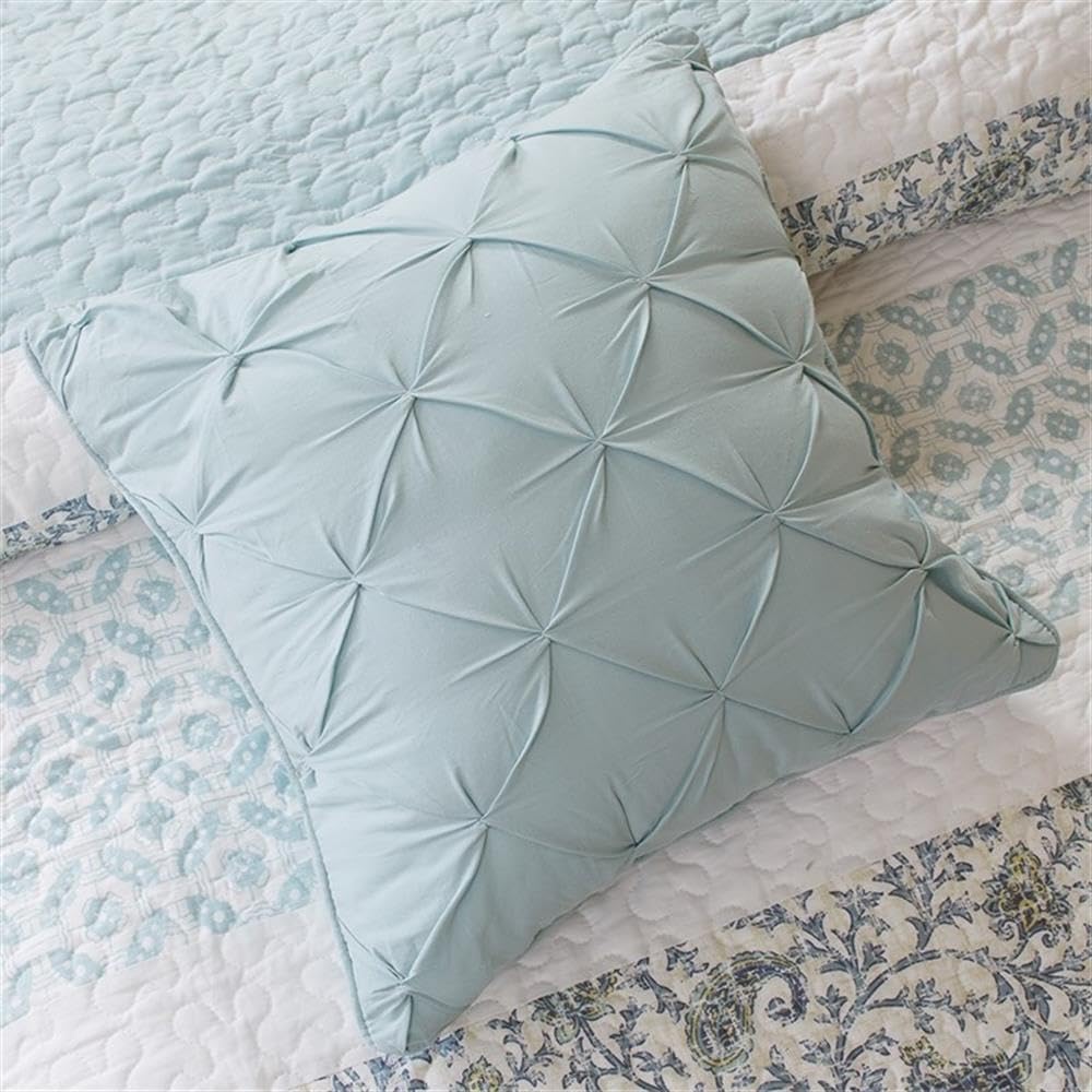 Pemberly Row 6-Piece Cotton Percale Printed Coverlet Set, 90" x 90" Blue Finish, Reversible Shabby Chic Style with Pintucked Lace Accents, Includes Matching Shams, Decorative Pillows, and Bedskirt