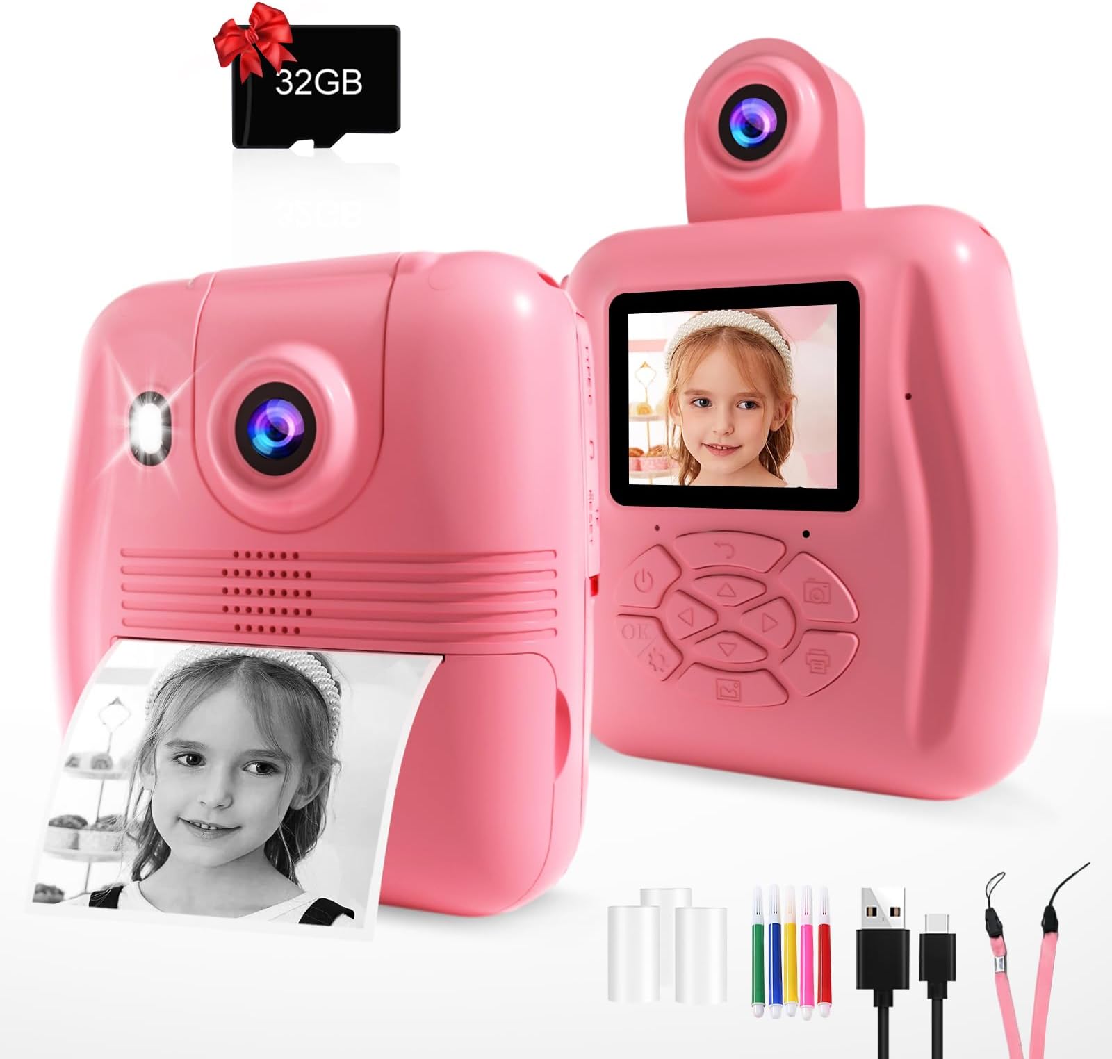 Kids Instant Print Camera - Upgraded 1080P HD Toddler Selfie Digital Toy Camera for Girls Age 3-12 Christmas Birthday Gifts with 16X Digital Zoom,2.4" Screen,3 Rolls Print Paper,32GB Card-Pink