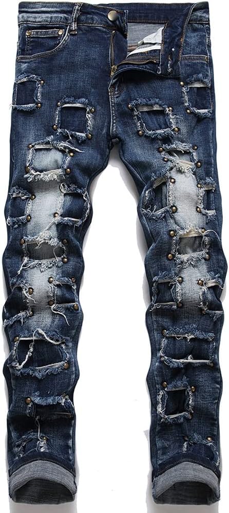 Men Punk Rivet Jeans Streetwear Patchwork Holes Ripped Distressed Stretch Denim Pants Slim Straight Trousers