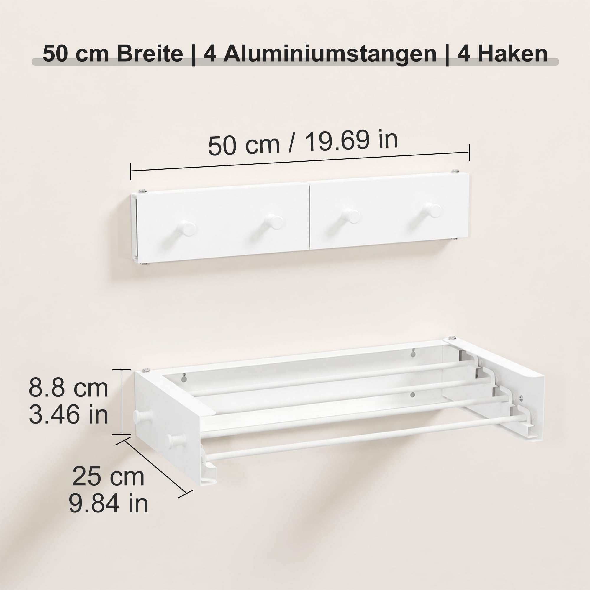 RFOUO Wandwäschetrockner 50 cm mit Haken, klappbarer Wandtrockner, Weiß