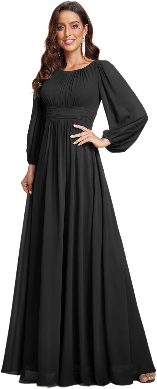 Ever Pretty Women's Crewneck Long Lantern Sleeves Floor Length A-Line Pleated Chiffon Formal Dress 0106B