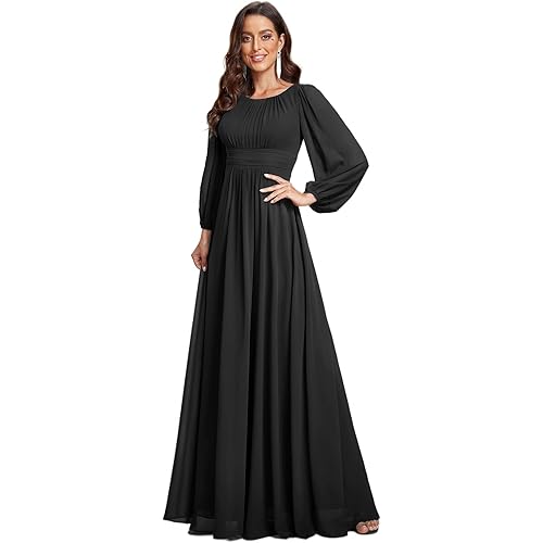 Ever-Pretty Women's Crewneck Long Lantern Sleeves Floor Length A-Line Pleated Chiffon Formal Dress 0106B