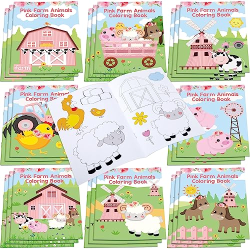 Faccito 24 Mini Libros de Colorear para Niños Cuadernos de Colorear Páginas para Colorear Divertidas de Animales de Granja para Fiesta Actividades Aula Cumpleaños Infantiles Arte (Granja Rosa)