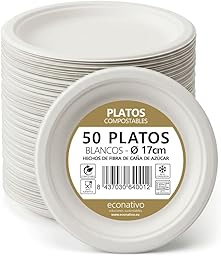 Econativo Platos 17 cm Desechables de Fibra de Caña de Azúcar – Pack 50 Unidades – Compostables, Resistentes y Ecológicos – Vajilla para Postres, Aperitivos y Uso Diario