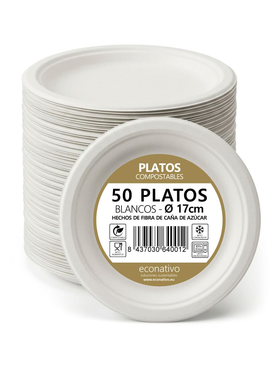 Econativo Platos 17 cm Desechables de Fibra de Caña de Azúcar – Pack 50 Unidades – Compostables, Resistentes y Ecológicos – Vajilla para Postres, Aperitivos y Uso Diario