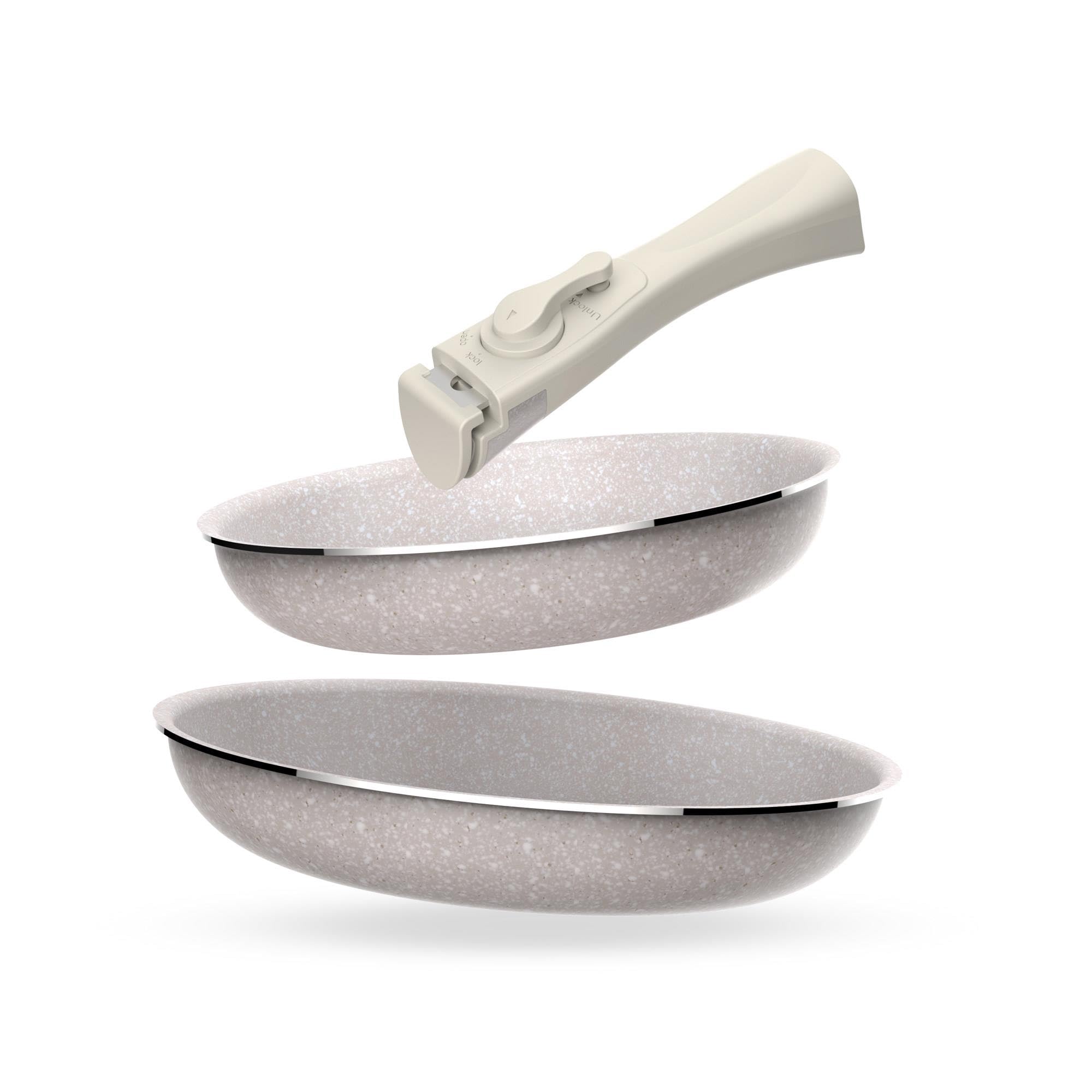 Juego de 2 Sartenes Ø24Ø28cm en aluminio prensado con revestimiento ILAG + Mango extraíble Click&Cook, Apto inducción, antiadherentes, sin PFOA, apto lavavajillas y horno