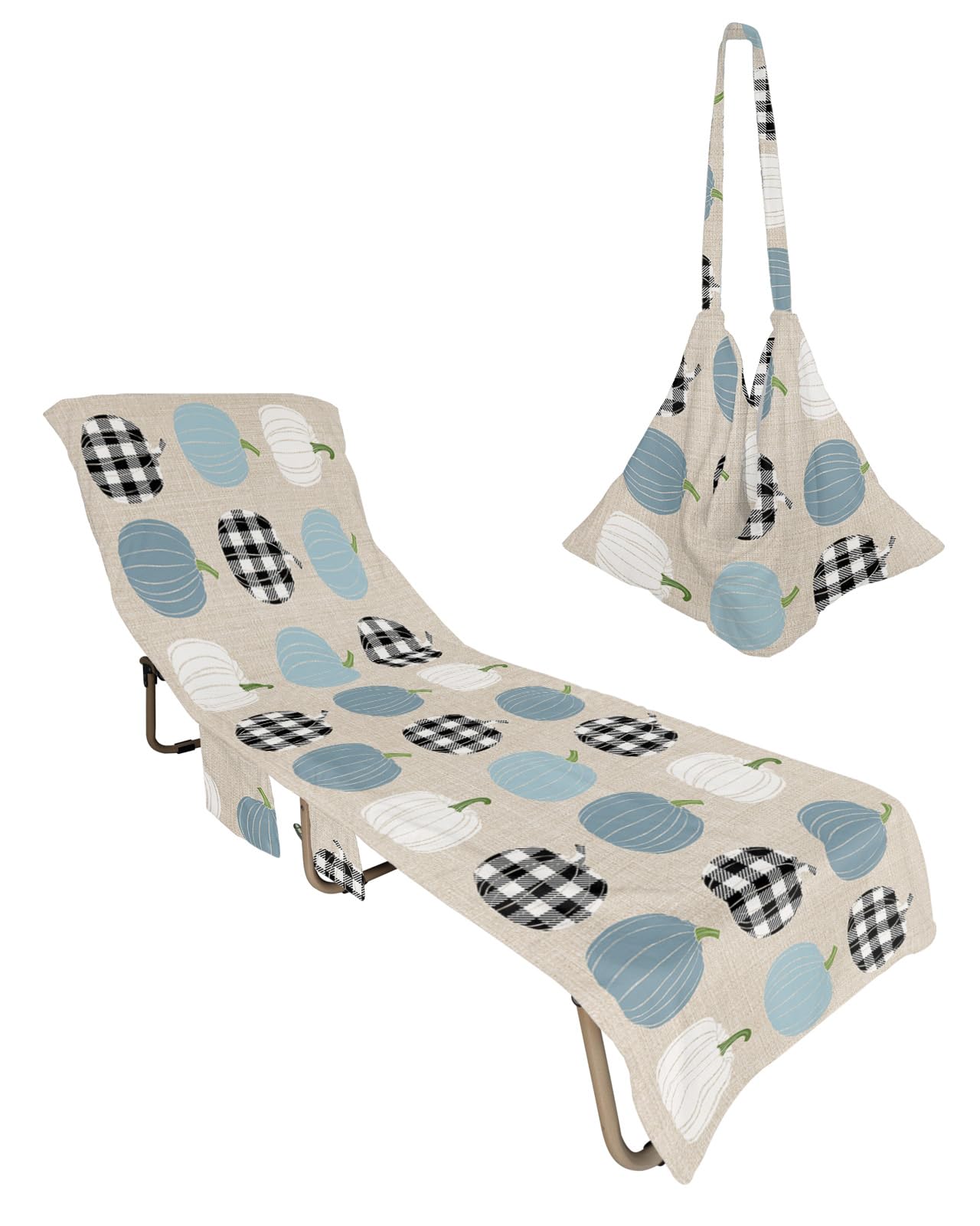 Bleu Pumpkins Fall Beach Lounge Chair Towel Cover, Soft Chaise Lounge Towel with Side Pockets Patio Pool Chairs Cover for Beach/Pool Sunbathing 29x85 Thanksgiving Black White Plaid Pumpkin