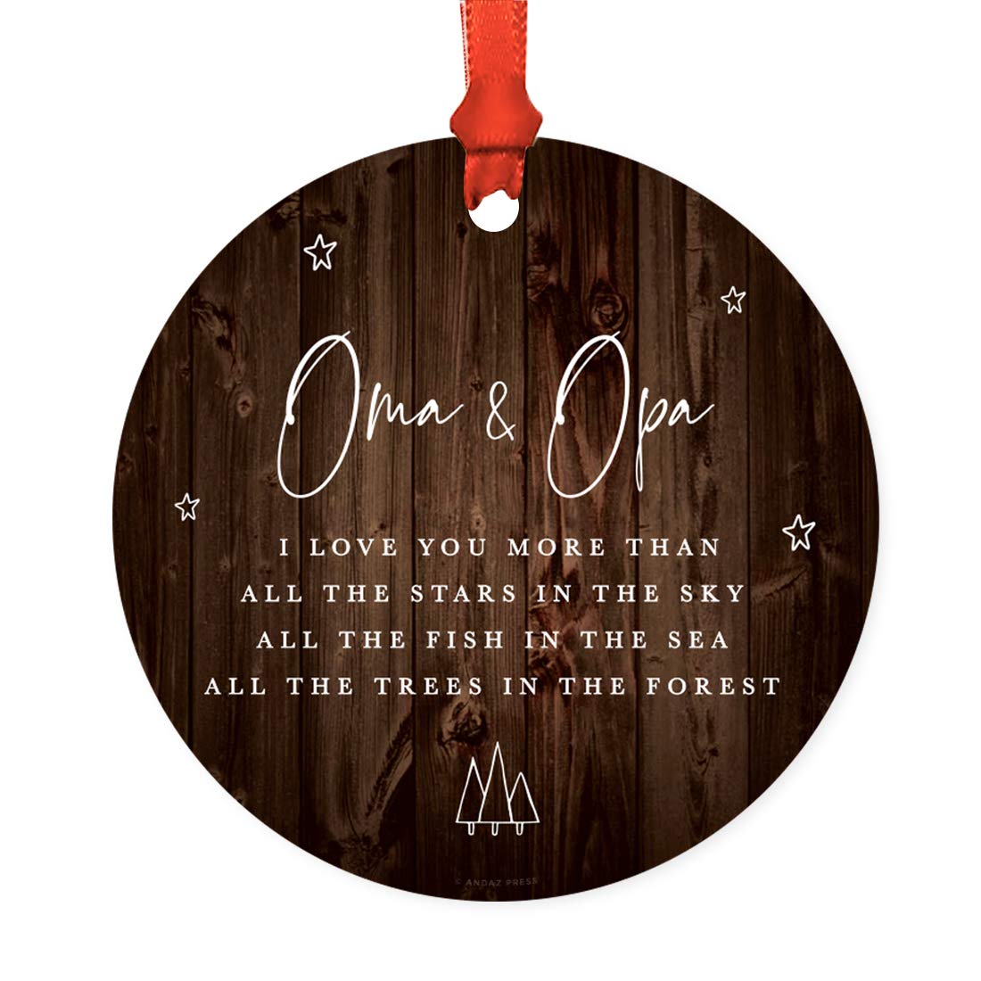Andaz Press Round Metal Christmas Ornament, Oma & Opa, We Love You More Than All The Stars in The Sky, All The Fish in The Sea, All The Trees in The Forest, Rustic Wood, 1-Pack Oma and Opa Ornaments