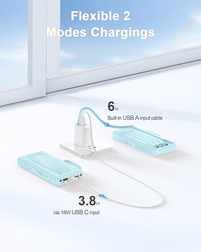 Portable Charger with Built in Cables, Slim 10000mAh Fast Charging 22.5W Power Bank USB C LED Display Battery Pack 6 Outputs & 2 Inputs for iPhone Samsung Pixel LG Moto iPad(SKY BLUE)