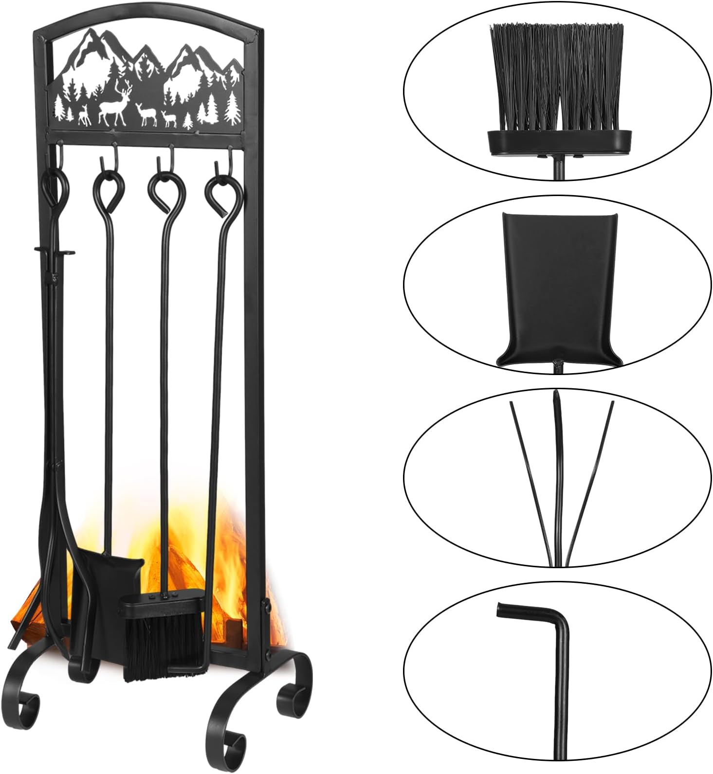 WILLBOND5 Pieces Deer Fireplace Tools Sets Iron Fireplace Set with Handle Fireplace Tools Include Rack Plated Poker Brush Shovel Tongs for Chimney Fire Pit Indoor Outdoor