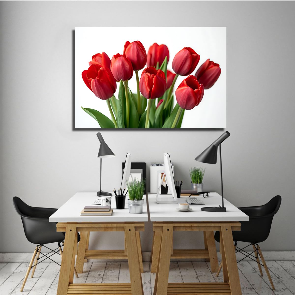 TOANGWALL Czerwone tulipany na płótnie, sztuka ścienna, zielone liście, kwiaty, malarstwo, druk botaniczny, nowoczesny, oprawiony plakat, współczesny obraz ścienny, obrazy ścienne do jadalni, gabinetu