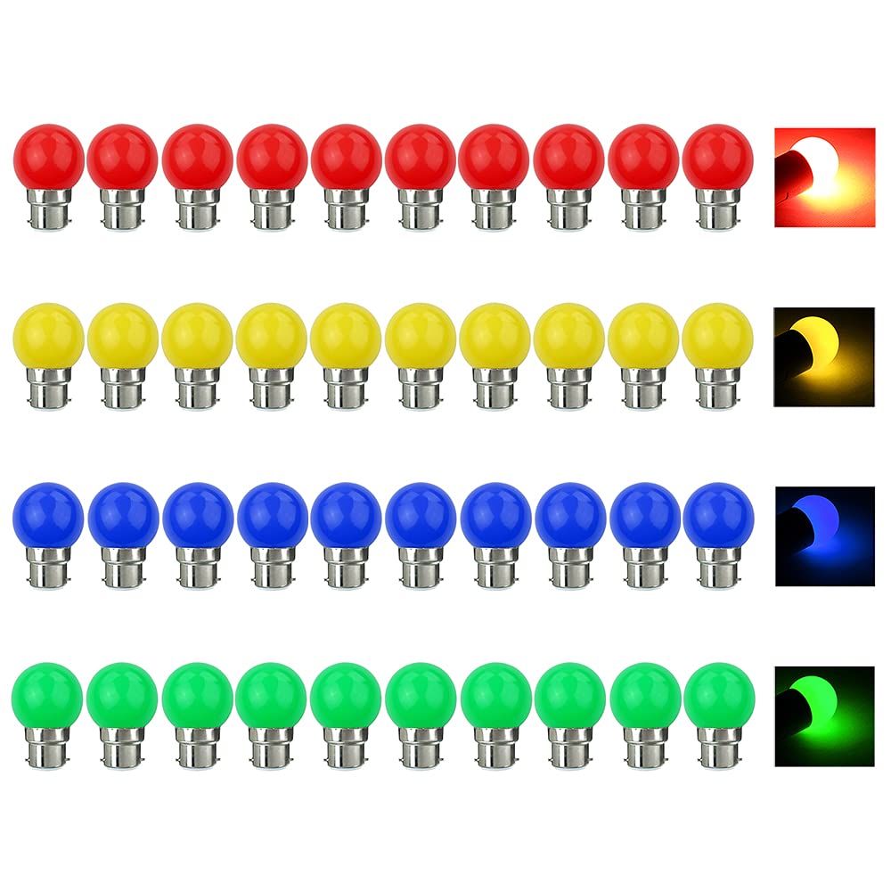 40 Lampadine LED Colorate B22 3W (Rosso, Giallo, Verde, Blu, Viola) - Luci Da Festa A Risparmio Energetico Per Casa, Matrimoni, Halloween, Natale, 240 Lumen - 2
