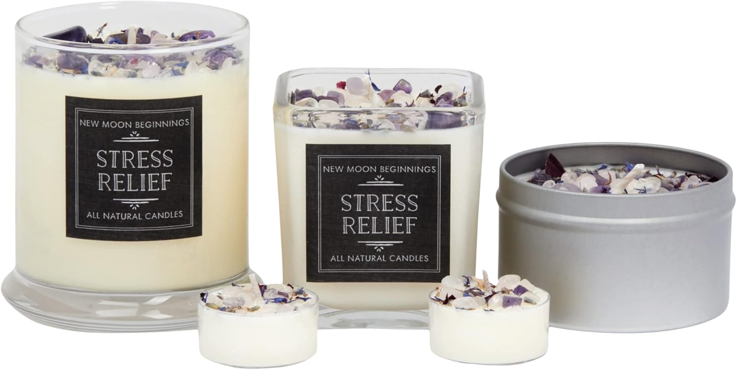 Stress Relief Candle by New Moon Beginnings - Lavender Scented Candle - Dried Flower & Crystal Candles - All Natural Essential Oil Soy Candle (12 Ounce Round Glass)
