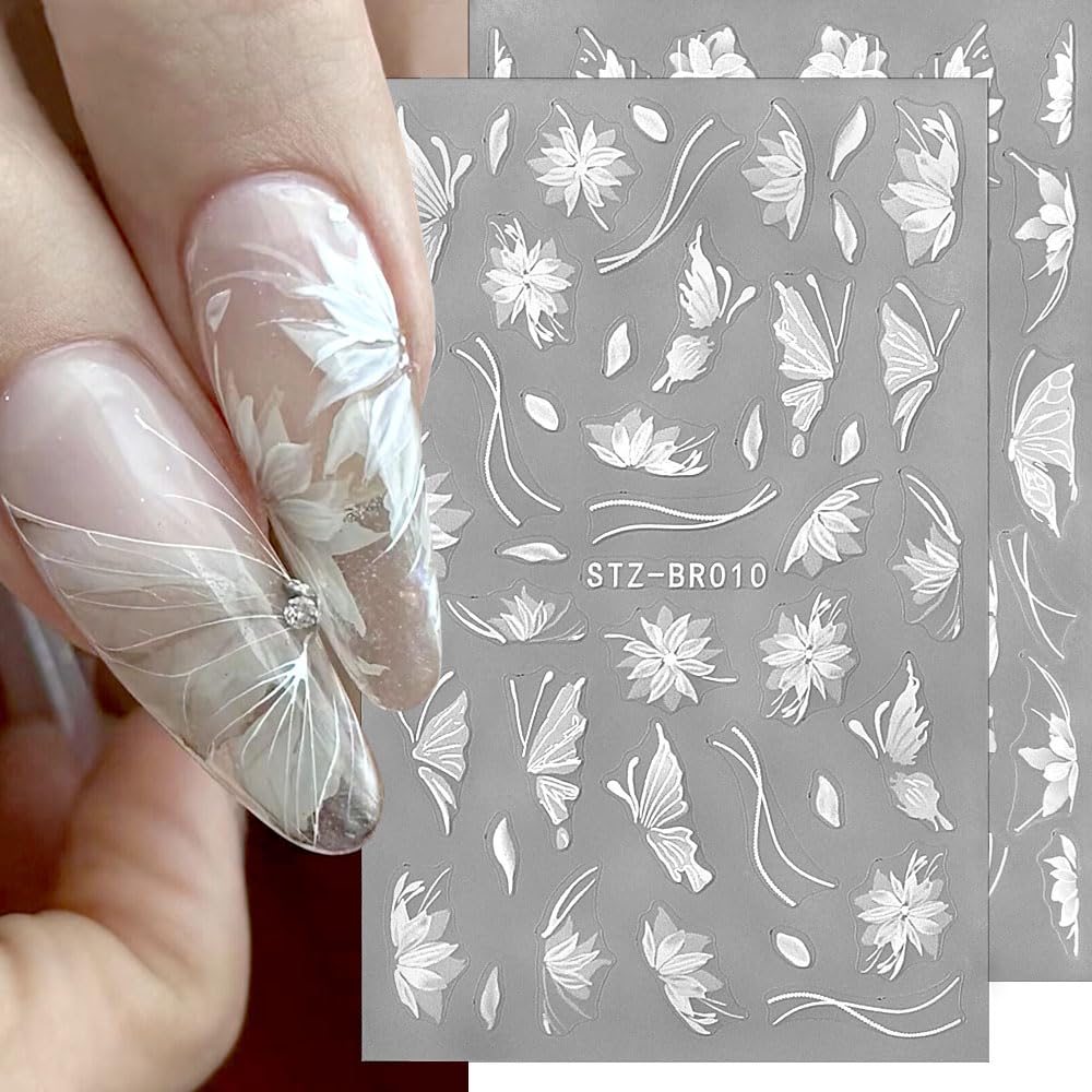 3D White Lace Flower Nail Stickers for Women Acrylic Flower Butterfly Nail Decals for Nail Art Supplies Magnolia Flowers Nail Art Stickers Floral Nail Sticker Matte Frosted Flower Stickers for Nails