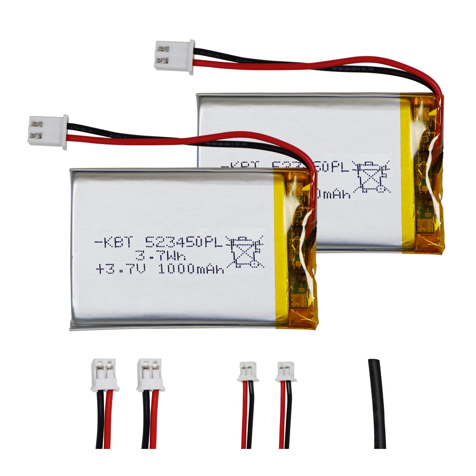 KBT 3.7V 1000mAh Li-Polymer Battery: 523450 Lipo Rechargeable Lithium-ion Replacement Batteries with PH 2.54 JST Connector, PH1.25/2.0 JST Connector