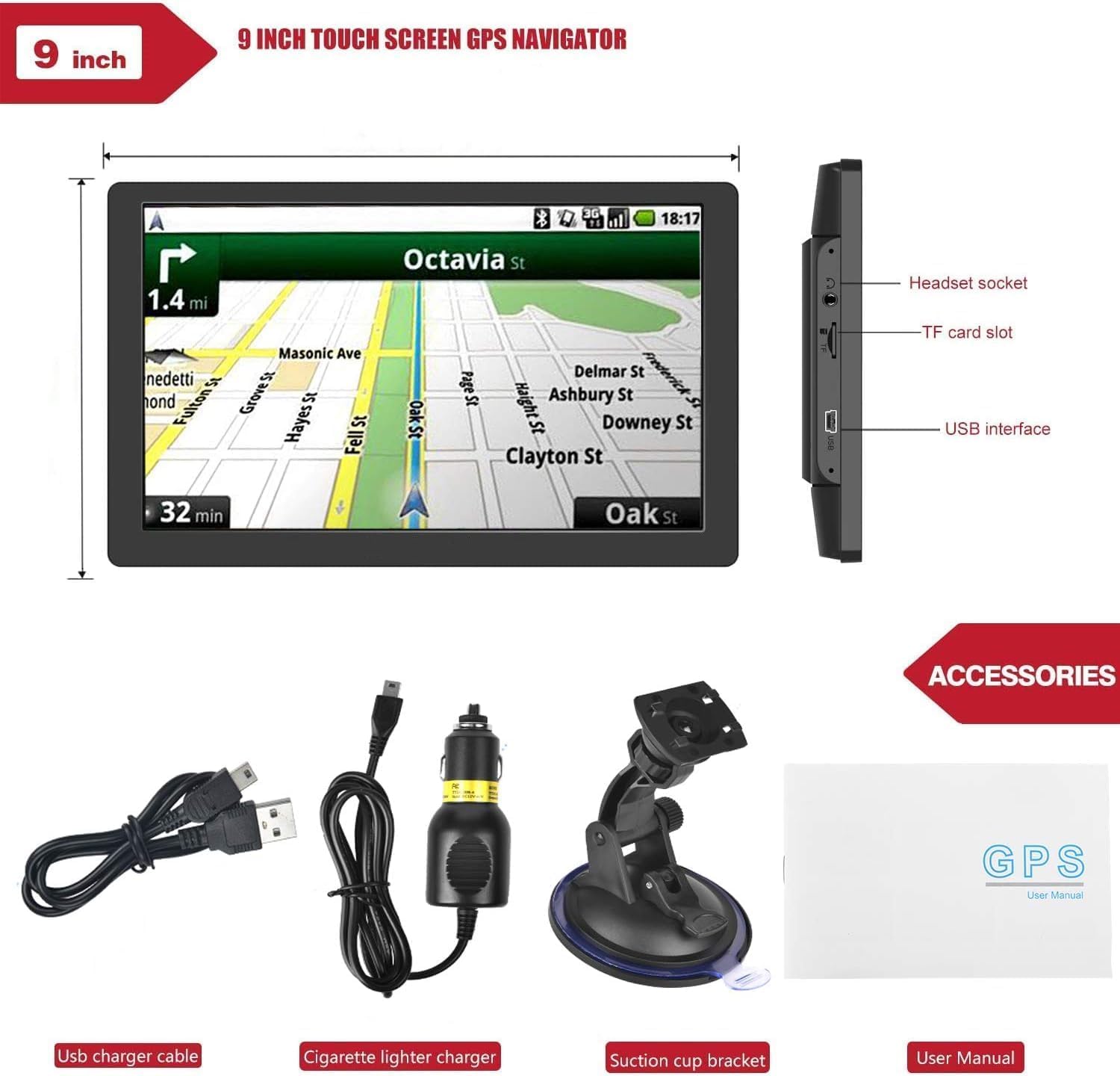 Navigatore GPS per auto e camion, schermo touch da 9 pollici, mappe del 2025 per camper con supporto GPS, guida vocale passo per passo, avviso di velocità e di semaforo rosso, pianificazione della rot