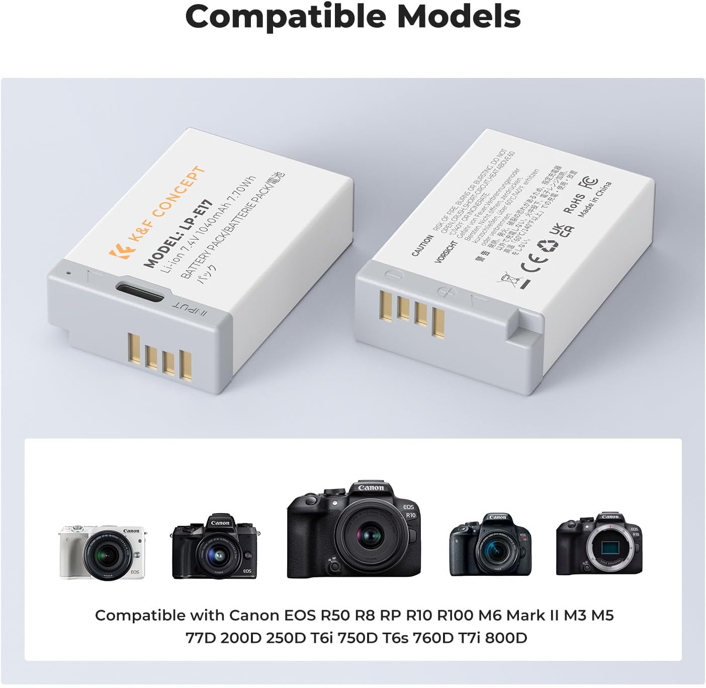 A visual representation of the K&F CONCEPT LP-E17 batteries alongside several compatible Canon EOS camera models, including R50, R8, RP, R10, R100, M6 Mark II, M3, M5, 77D, 200D, 250D, T6i, T6s, 760D, T7i, 800D.