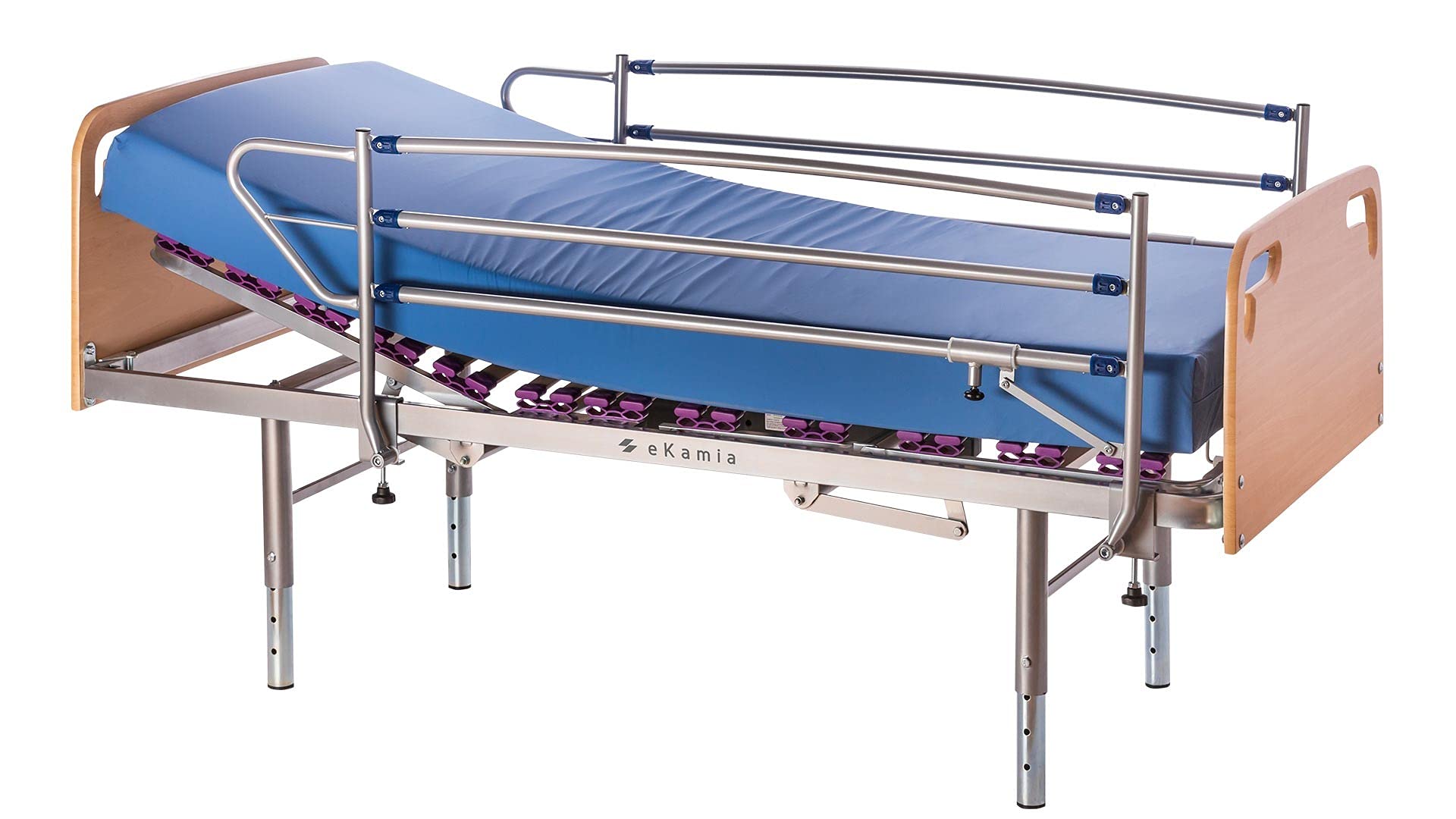 ekamia - Cama Articulada Geriátrica de Hospital Eléctrica con Colchón Sanitario HR, Patas Regulables, Cabecero, Piecero y Barandilla - 90cm x 190cm