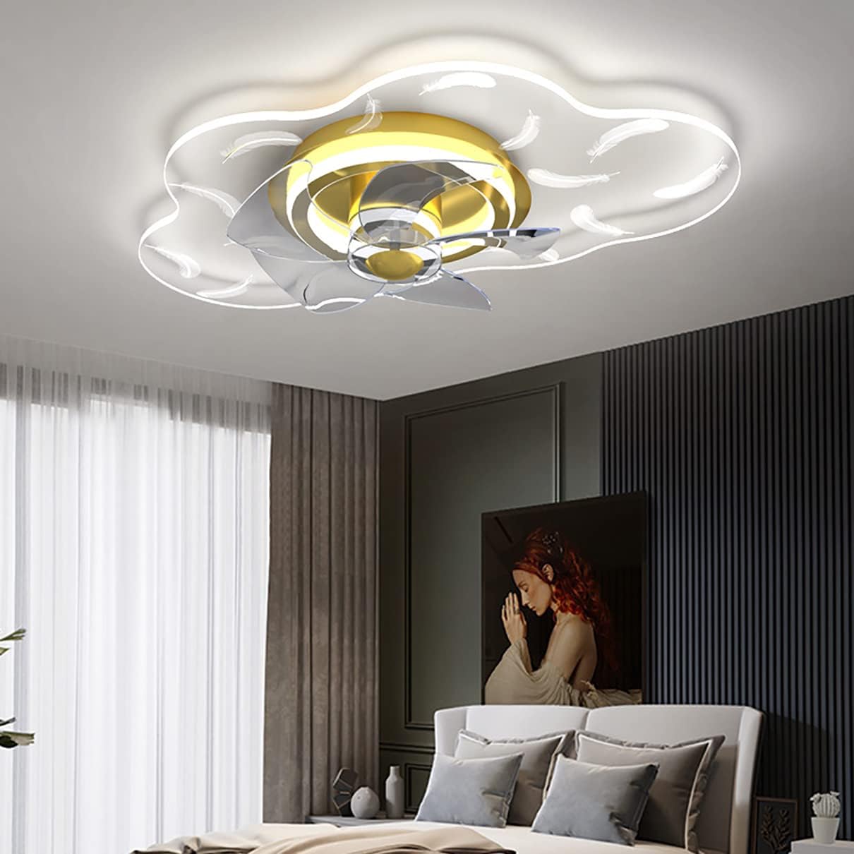 YUEGOO Ceiling Fans with Lamps,Kids Ceiling Fan with Light Bedroom Quiet Led Dimmable 3 Speeds Cloud Sfan Ceiling Light with Remote Control Modern Living Room/D