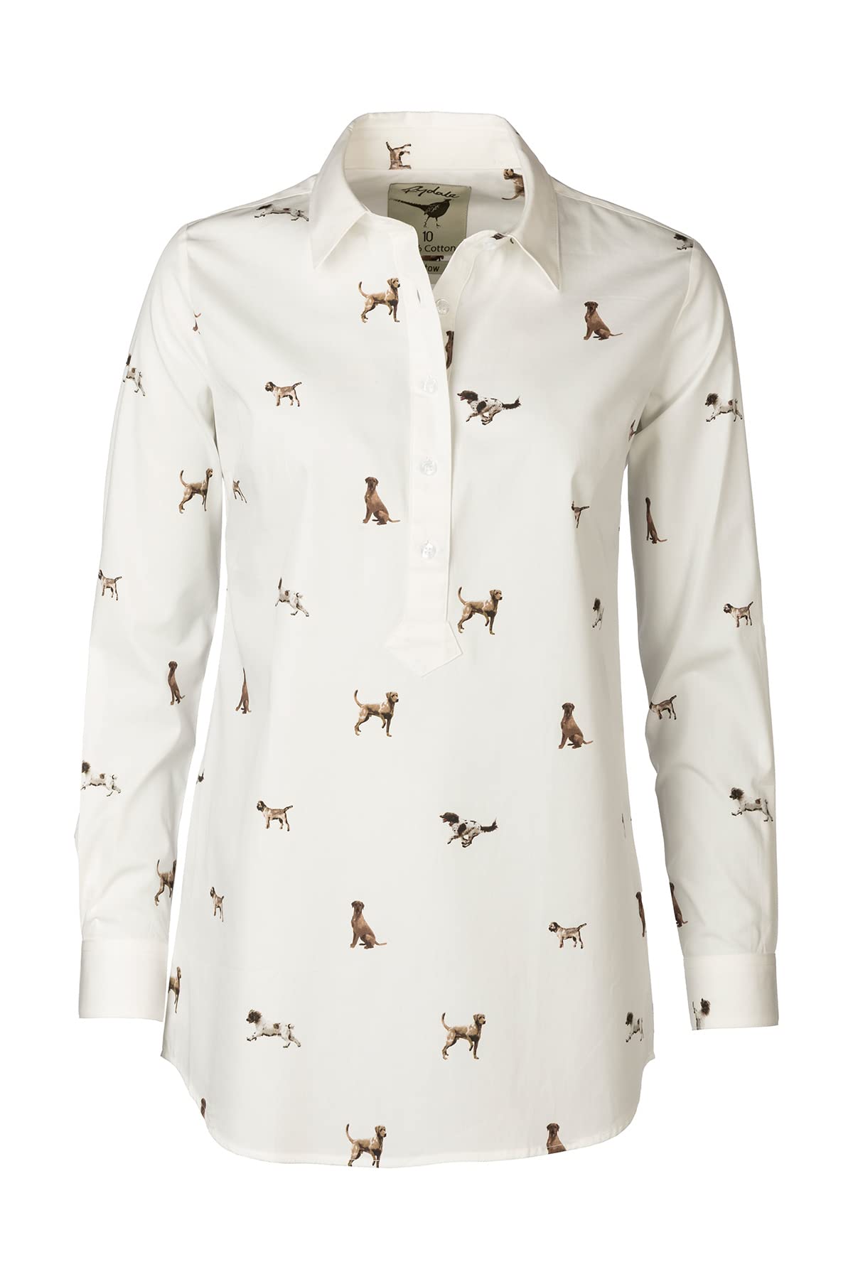 Rydale Ladies Printed Overhead Shirt Women’s Button Shirts Blouse Animal Print White Tops Tunic (as8, Numeric, Numeric_8, Regular, Regular, Country Dog White)