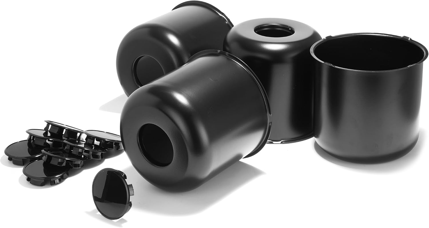 5.15 Inch Stainless Trailer Wheel Center Cap Kit - 4 Matte Black Push Through Center Caps with 4 Replacement Open End Plus Plug Center Caps for Truck SUV Rv