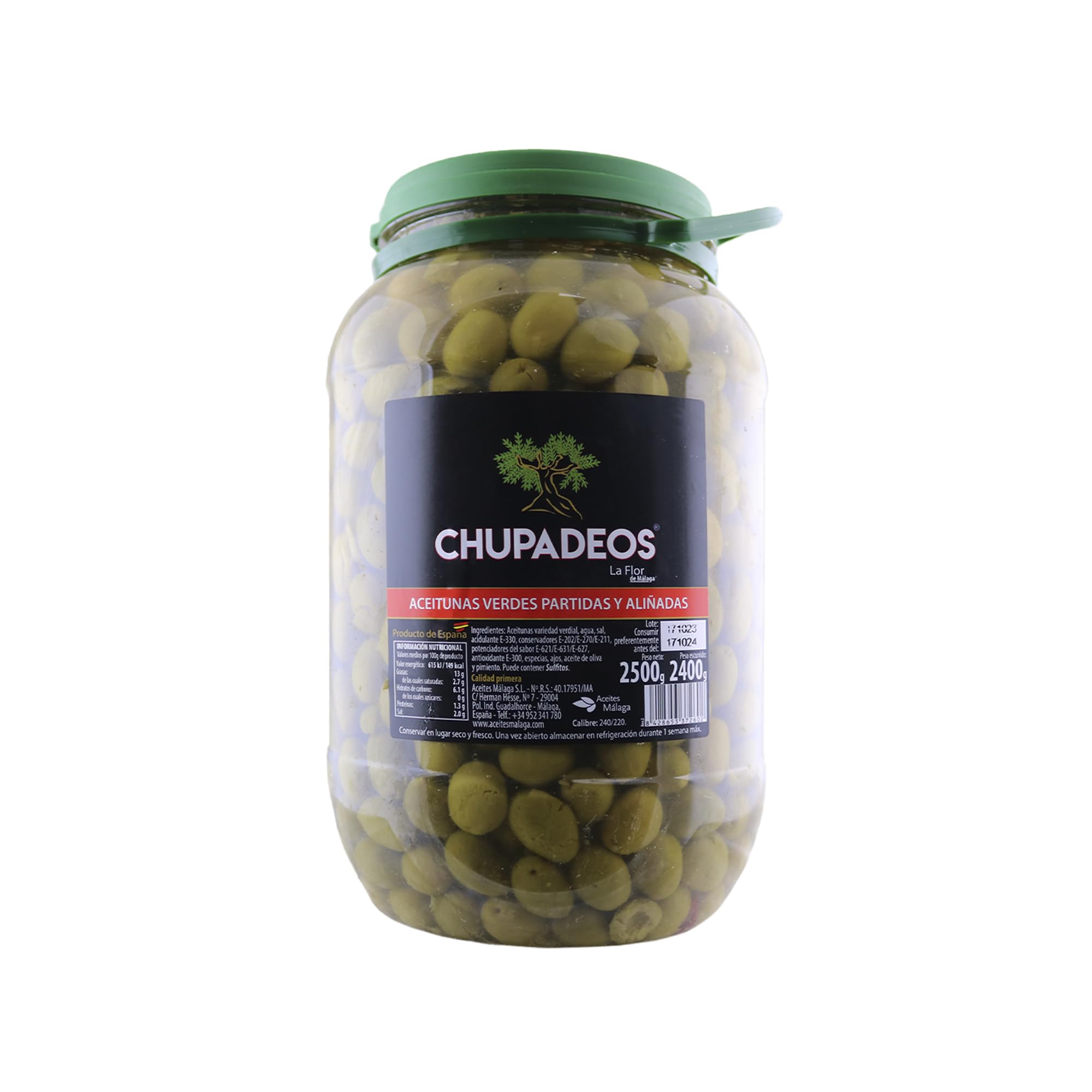 Aceitunas CHUPADEOS LA FLOR DE MÁLAGA | Bote PET 2'5 KG (2.22 KG ESC) | LA FLOR DE MALAGA