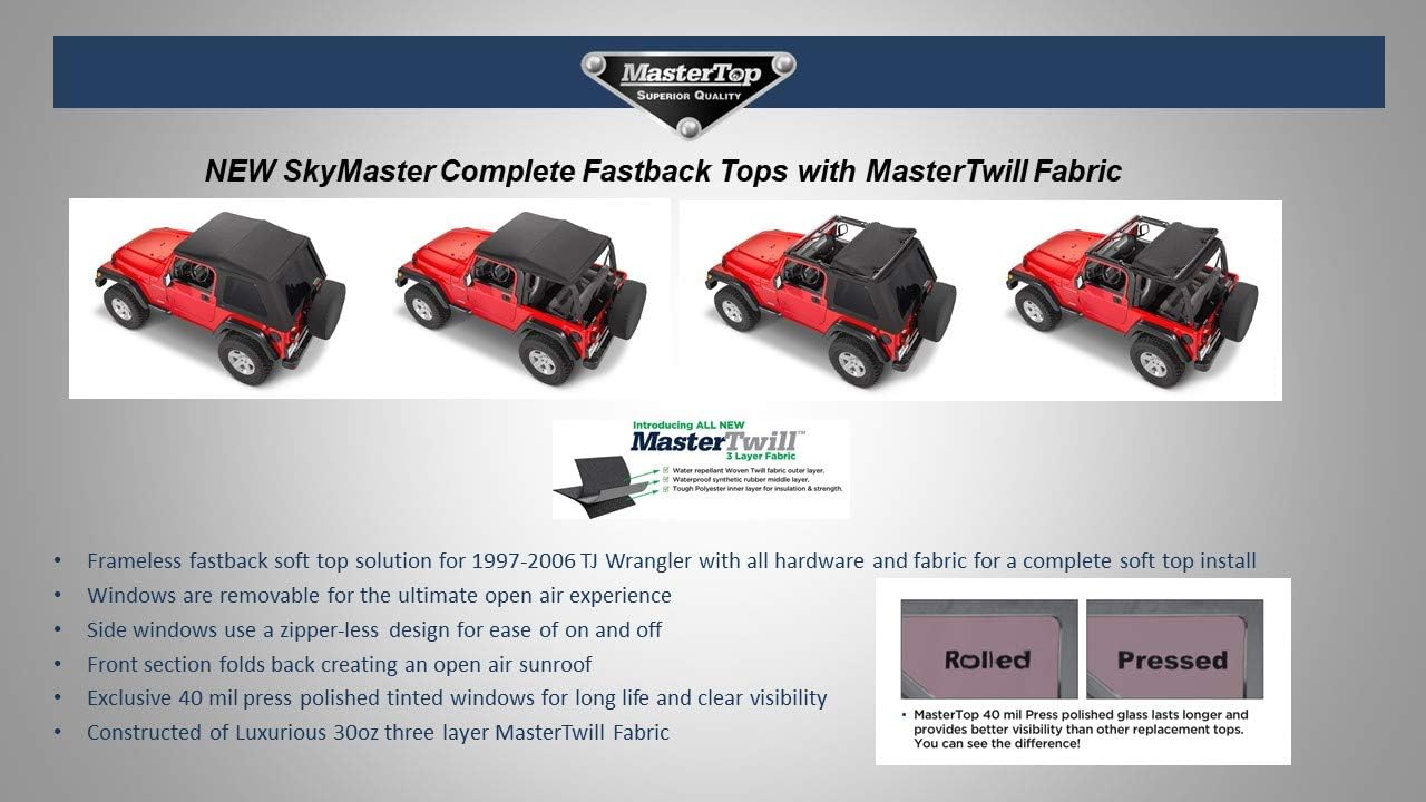 MasterTop SkyMaster Complete Fastback Soft Top in Black Twill|Works or is compatible with 1997-2006 Jeep TJ Wrangler|Includes all hardware and Fabric for a complete install|15501324