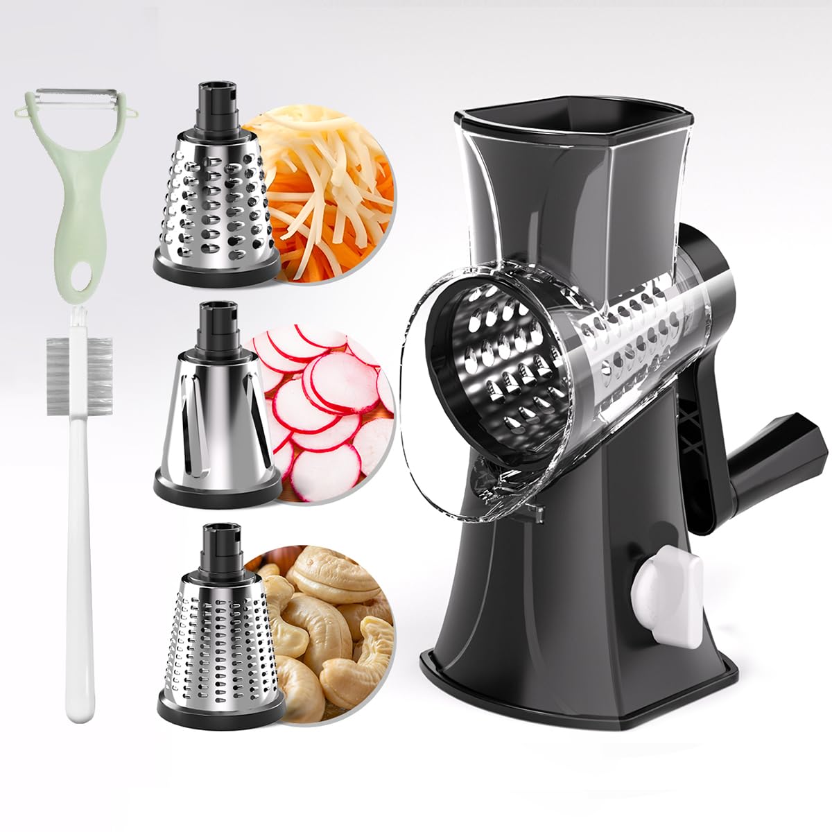 3-in-1 Rotary Cheese Grater, Stainless Steel Handheld Shredder with Ergonomic Handle - Easy to Clean, for Hard Cheese, Chocolate, Vegetables, Compact for Kitchen Travel Outdoors (Black)