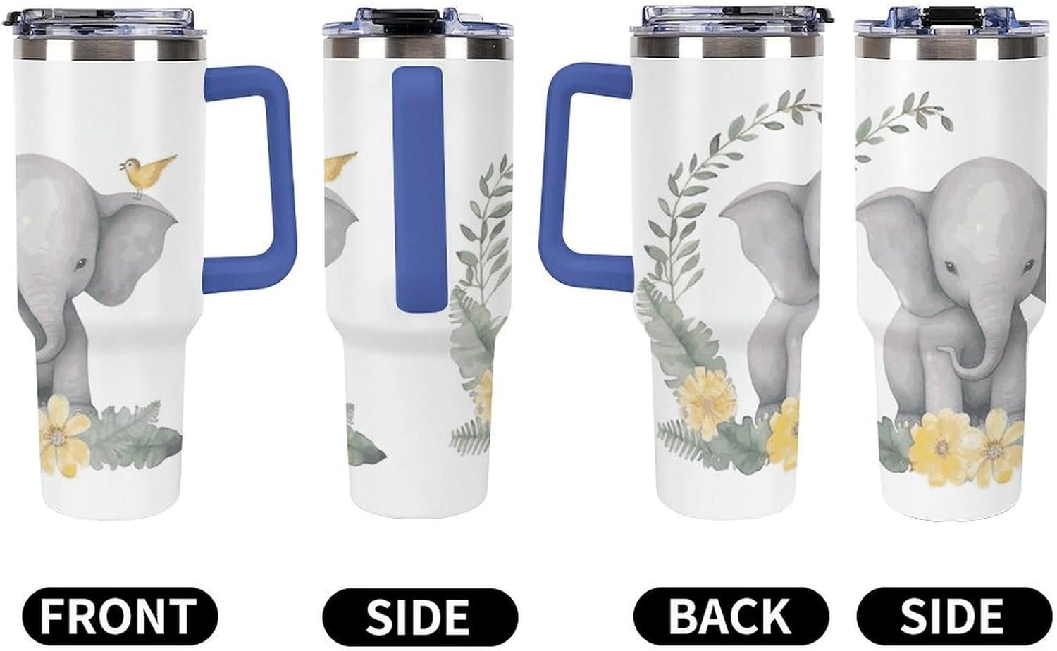 40 Oz Insulated Mug with Handle, Stainless Steel Cute Elephant with Wreath And Little Duck Printed Travel Mug Portable Leak-proof Large Car Mug for Home, Office Or Car