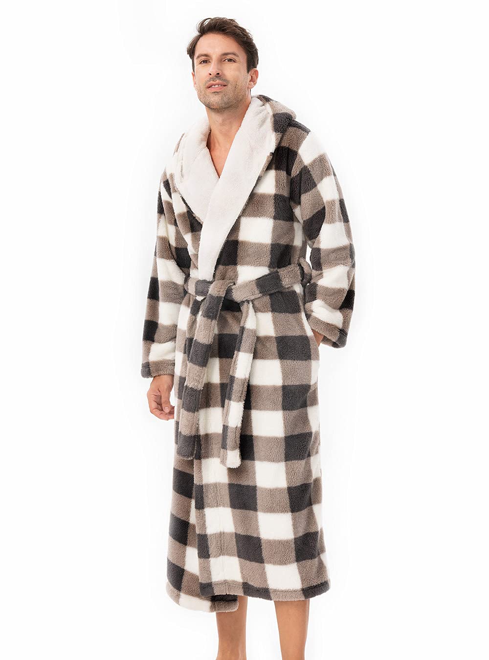 DAVID ARCHY Men's Soft Fleece Plush Robe Full Length Long Bathrobe, Coffee Grid, Medium