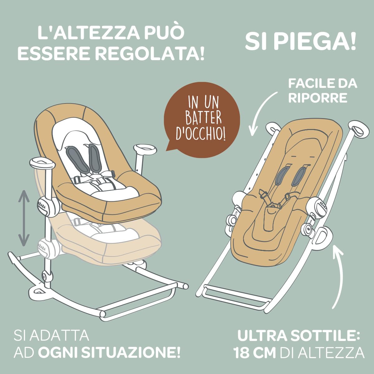 BÉABA Sdraietta Up&Down Plus 4 altezze 3 reclinabilità Pieghevole 100% cotone Ocra