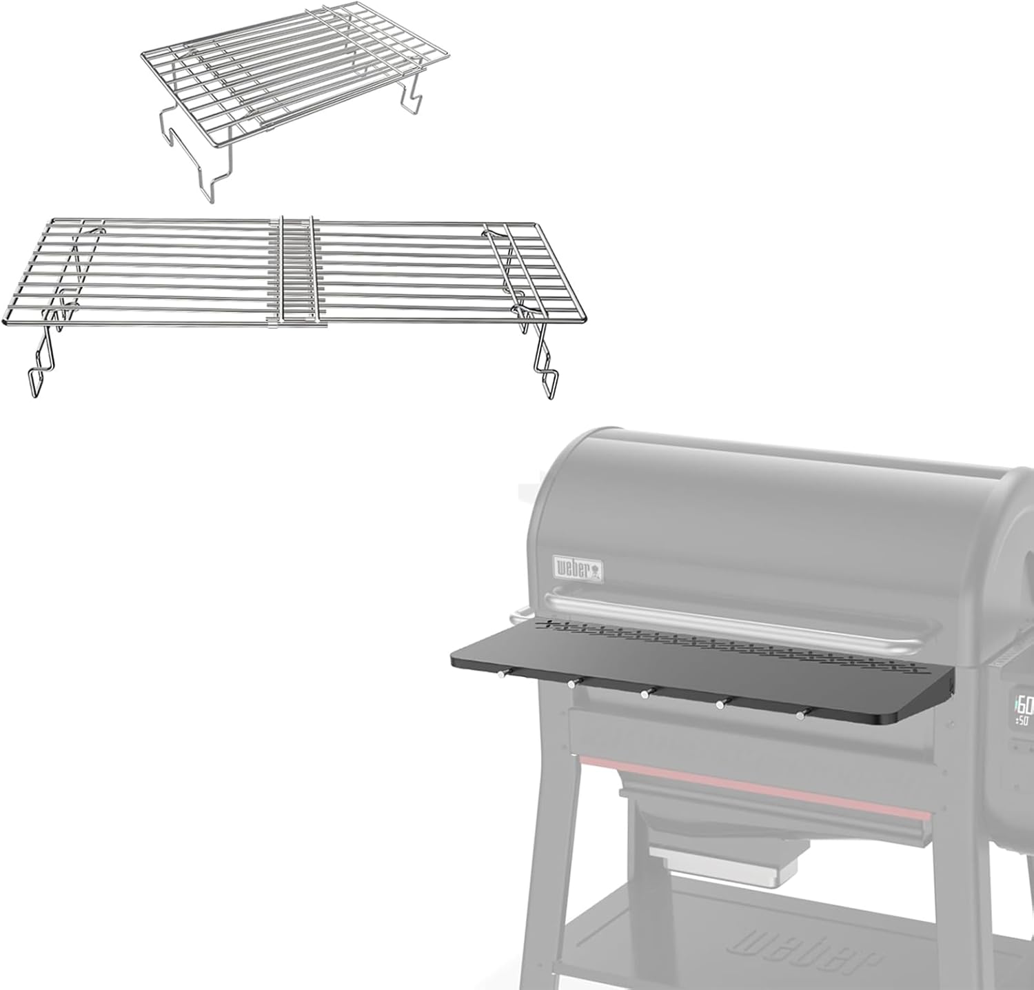 36" Front Folding Table for Weber Searwood 600 XL Pellet Grill with 5 Tool Hooks and Universal Adjustable Grill Warming Rack, Grill BBQ Prep Table Accessory, 425+ Sq In Workspace, 40 lb Load Capacity
