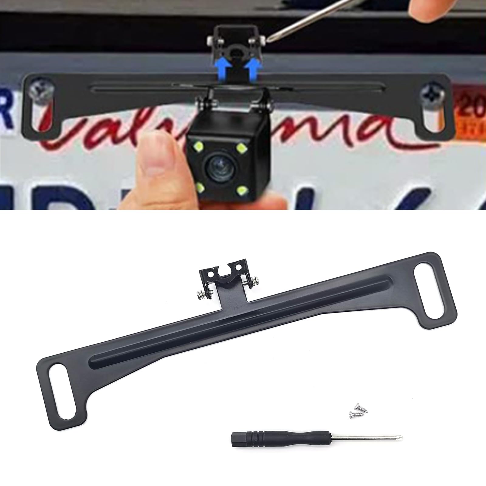 1 PC Car Rear View Camera License Plate Bracket, 7.6In x 1.3In Metal Waterproof Stable Camera Holder with Installation Component, Universal Reverse Camera Mount for Car SUV Motorcycle (Black)