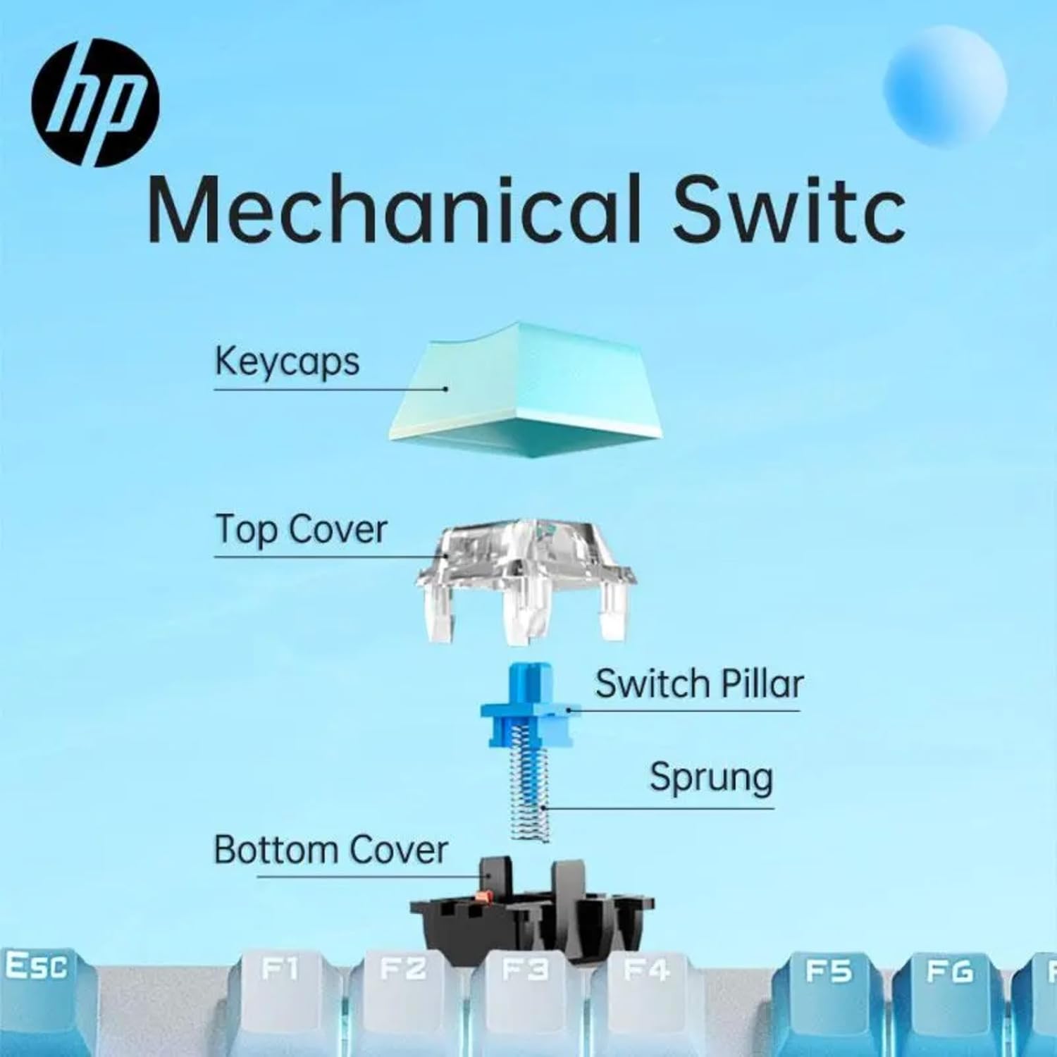 HP GK400F Mechanical Gaming Keyboard, 104 Keys Wired USB Keyboard with Tactile Brown Switches, Ice Blue LED Backlight, Full N-Key Rollover, Ergonomic Design, White & Blue Gradient