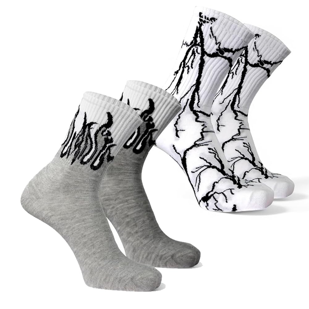 Flame & Lightning Crew Socks for Men & Women | Trendy Street Style Cotton Socks | Breathable Casual Fashion Socks | Soft Stretch Long Crew Socks for, Sports & Sneakers 2 Pair-picture-55