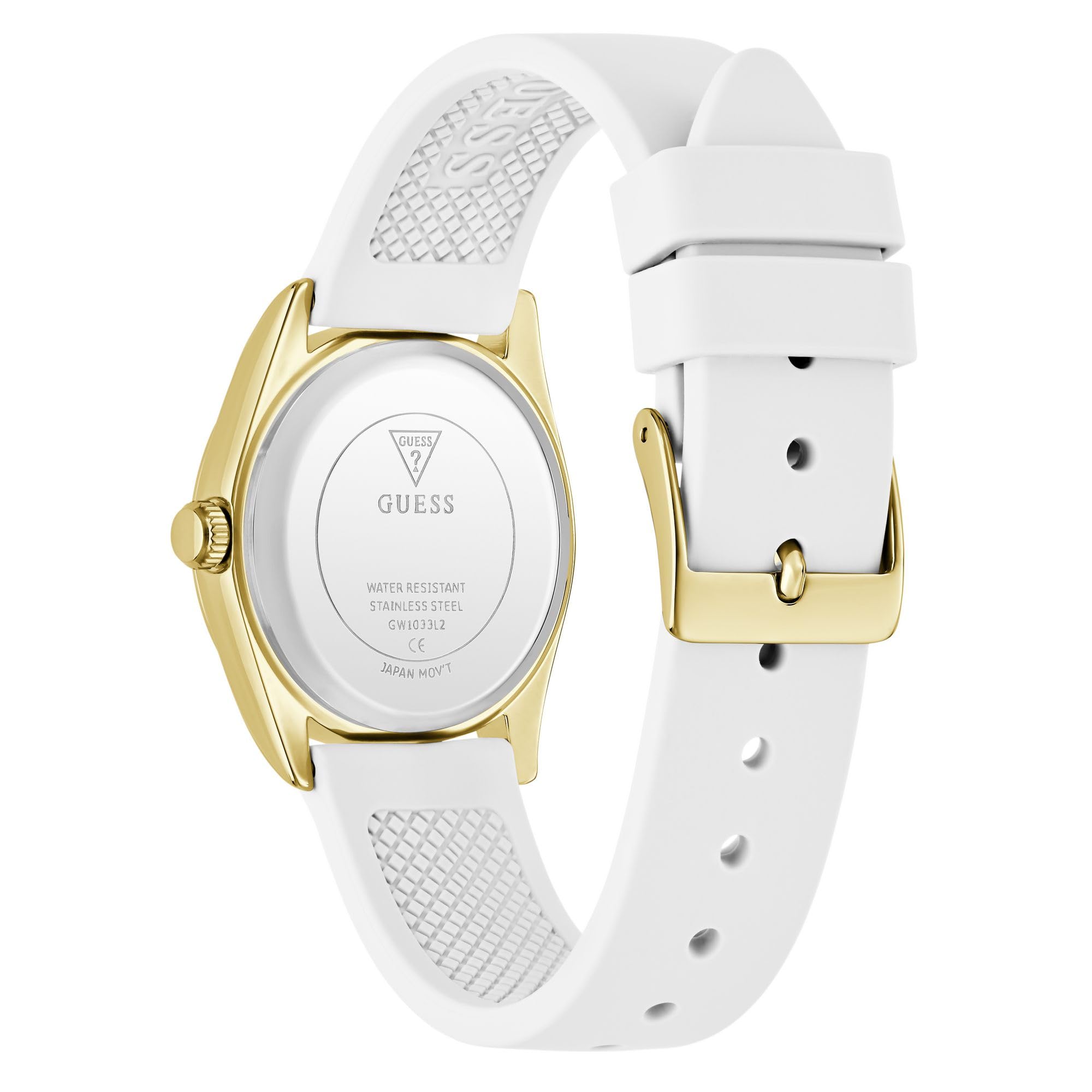 Guess Reloj de Pulsera Alice GW1033L2 para Mujer, 32 mm, Acero Inoxidable PVD, Esfera Blanca, Cuarzo, Cristal Mineral, 3 ATM, Correa de Silicona