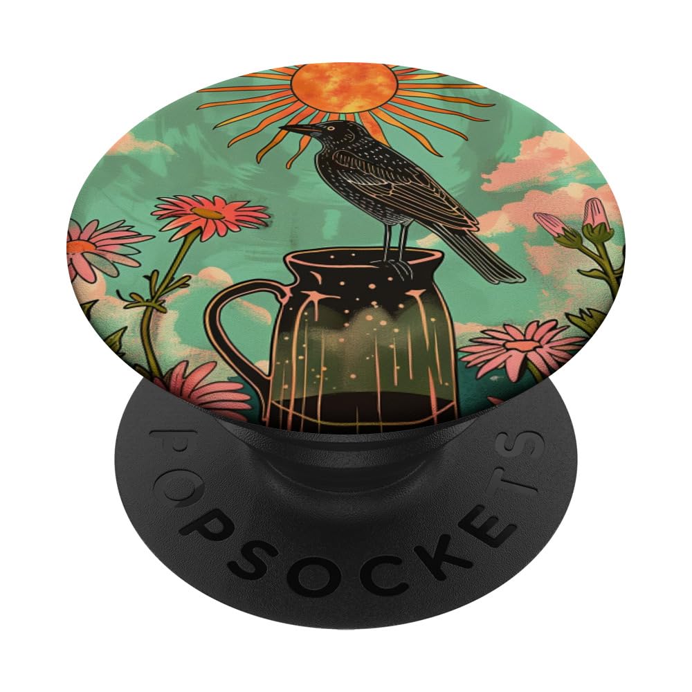 Thrush Bird Floral Retro Tarot Card PopSockets Swappable PopGrip, Black