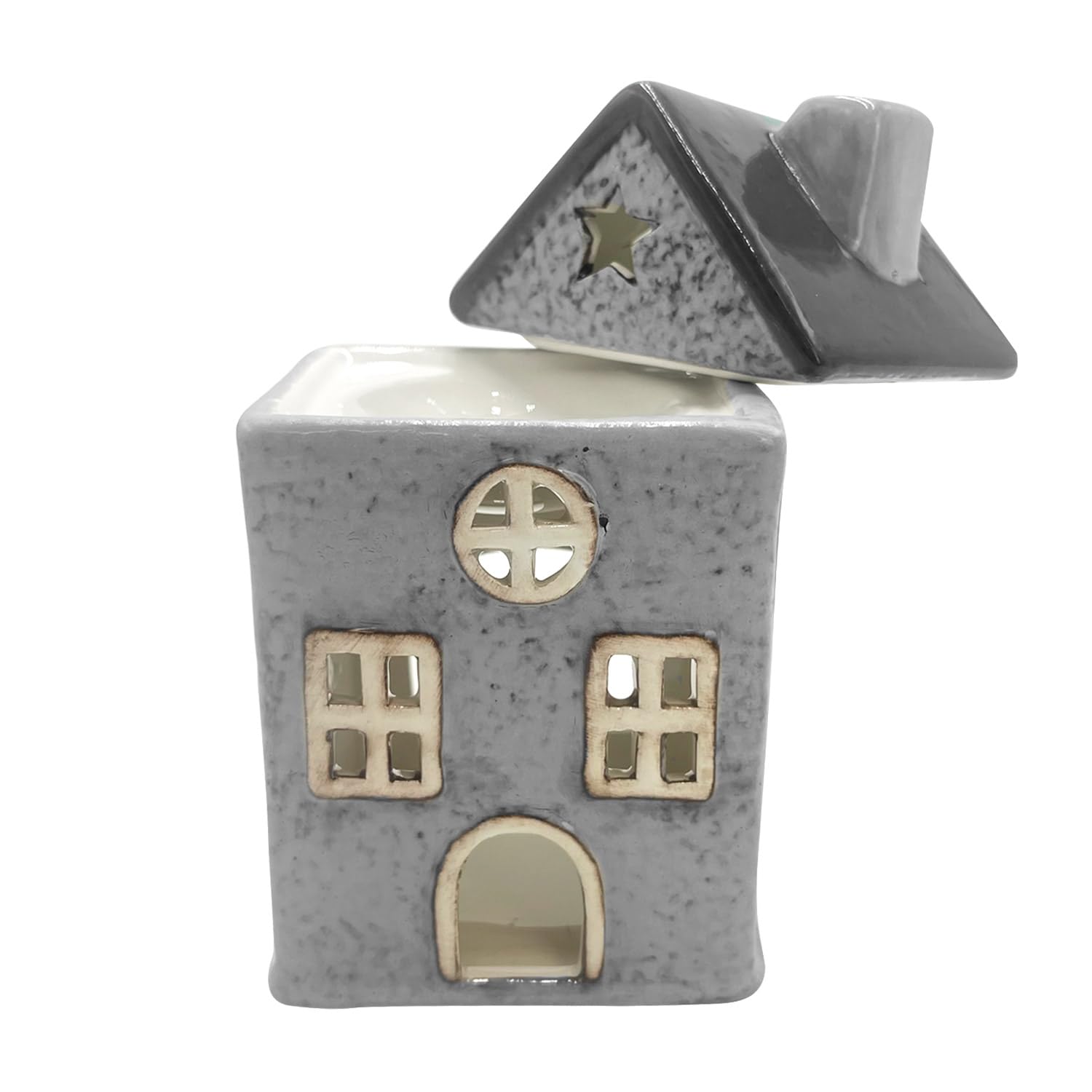 Cello Star Cottage Burner - Grey Ceramic House Scented Wax Melt Fragrance Oil Burner Tealight Decorative Holder Aroma Lamp Present Home Gift for Christmas