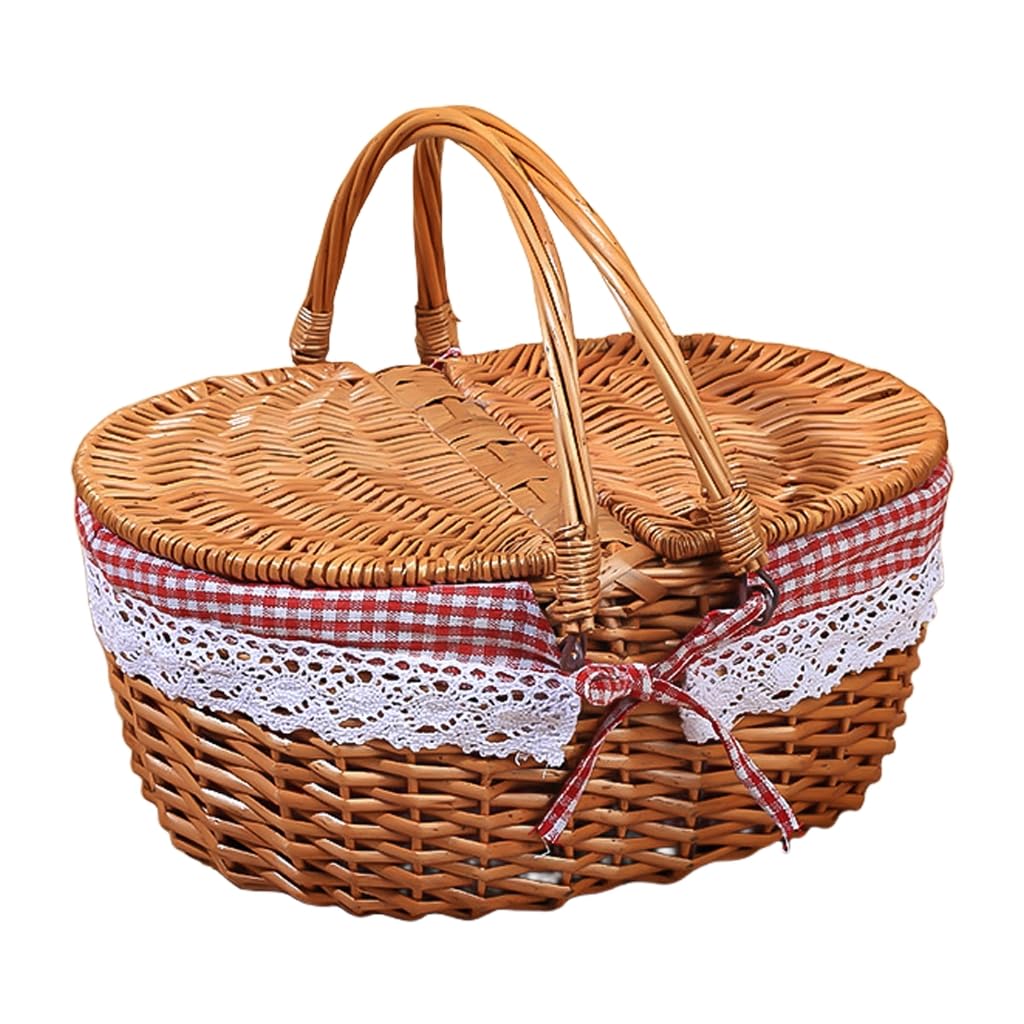 Cestino da picnic in vimini con coperchio pieghevole e manico, cestino da picnic di grande capacità per vacanze al mare, robusto corpo in tessuto con fodera lavabile per Pasqua, festa della
