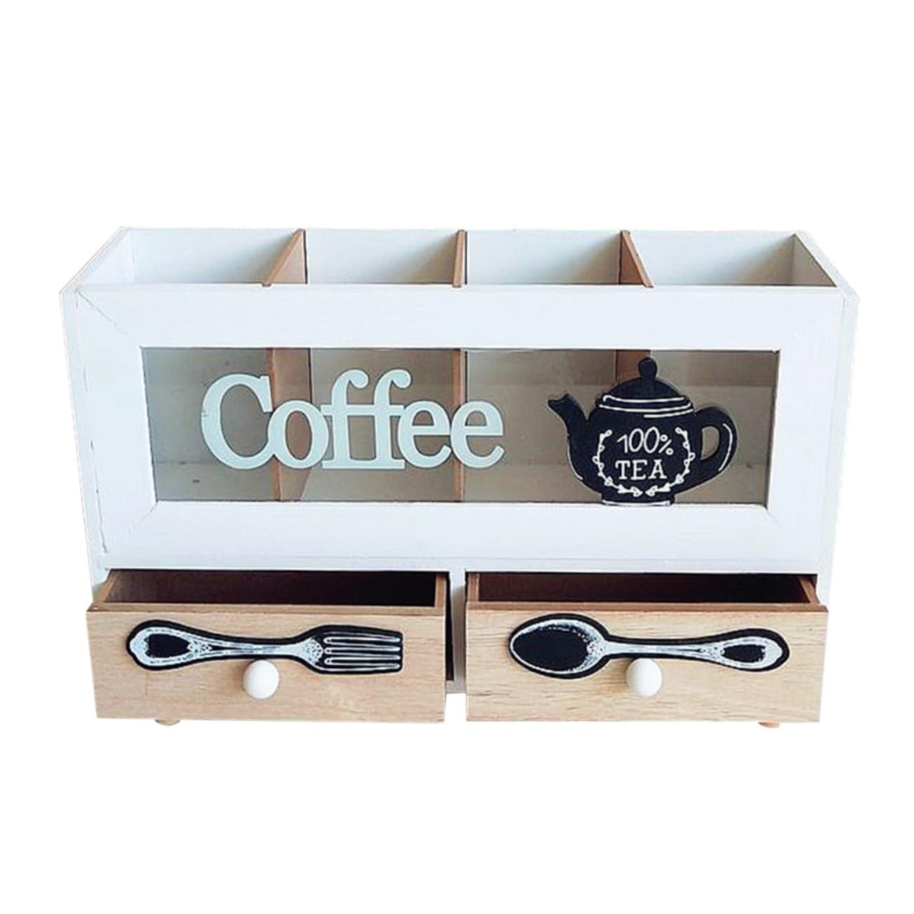 DOITOOL Nordischer Vintage Container aus Holz Dekorative Zweistöckige Aufbewahrungsbox für Besteck und Kaffeezubehör Robuster Desktop Organizer in Weiß für Küche und Wohnzimmer